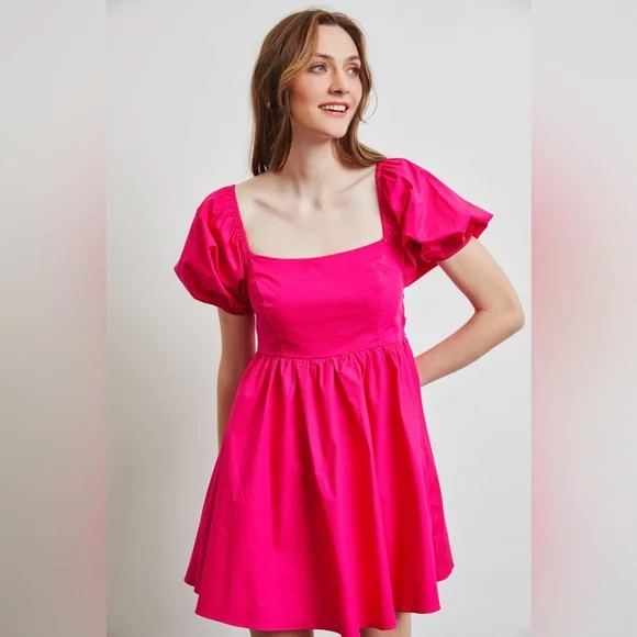 Puff Sleeve Baby Doll Dress with Bow Back and Pockets - Picture 3 of 7